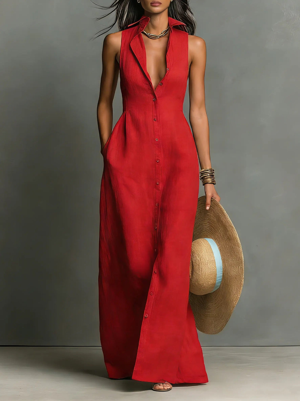 Women's Sleeveless Collared Linen Maxi Dress Button-Front Deep V-Neck Beach