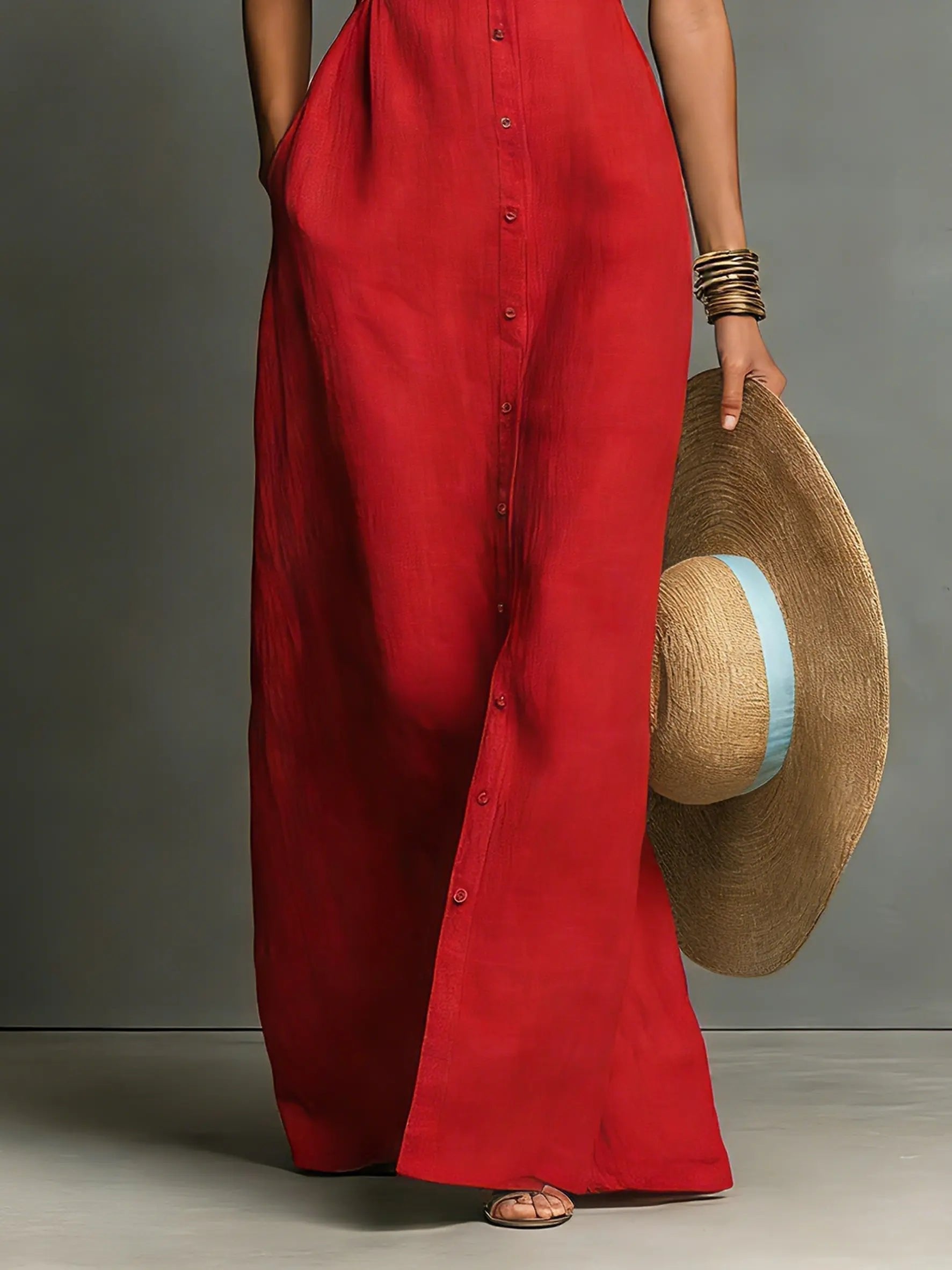 Women's Sleeveless Collared Linen Maxi Dress Button-Front Deep V-Neck Beach