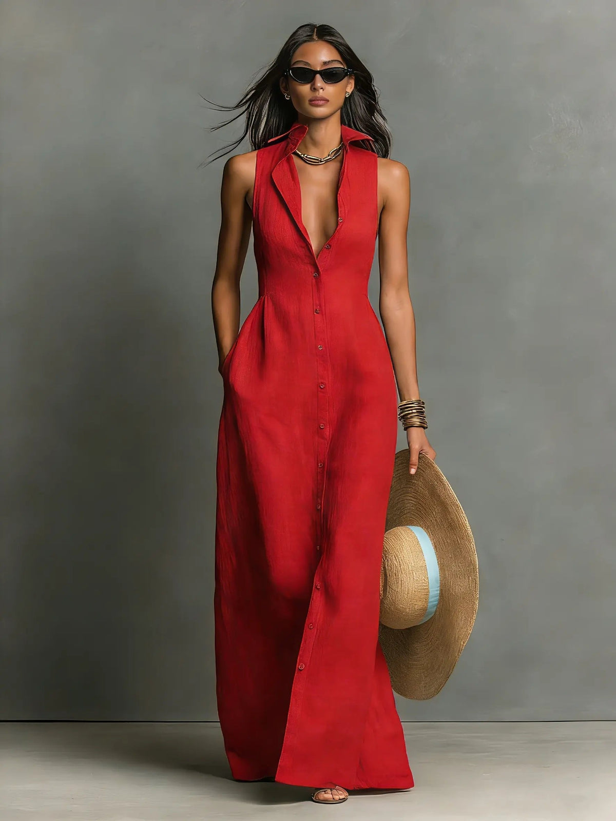 Women's Sleeveless Collared Linen Maxi Dress Button-Front Deep V-Neck Beach