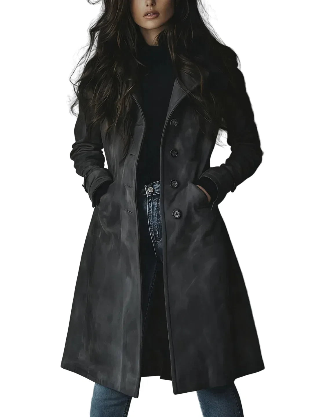 Women's Suede Longline Coat Button-Front Double-Breasted Lapel Winter