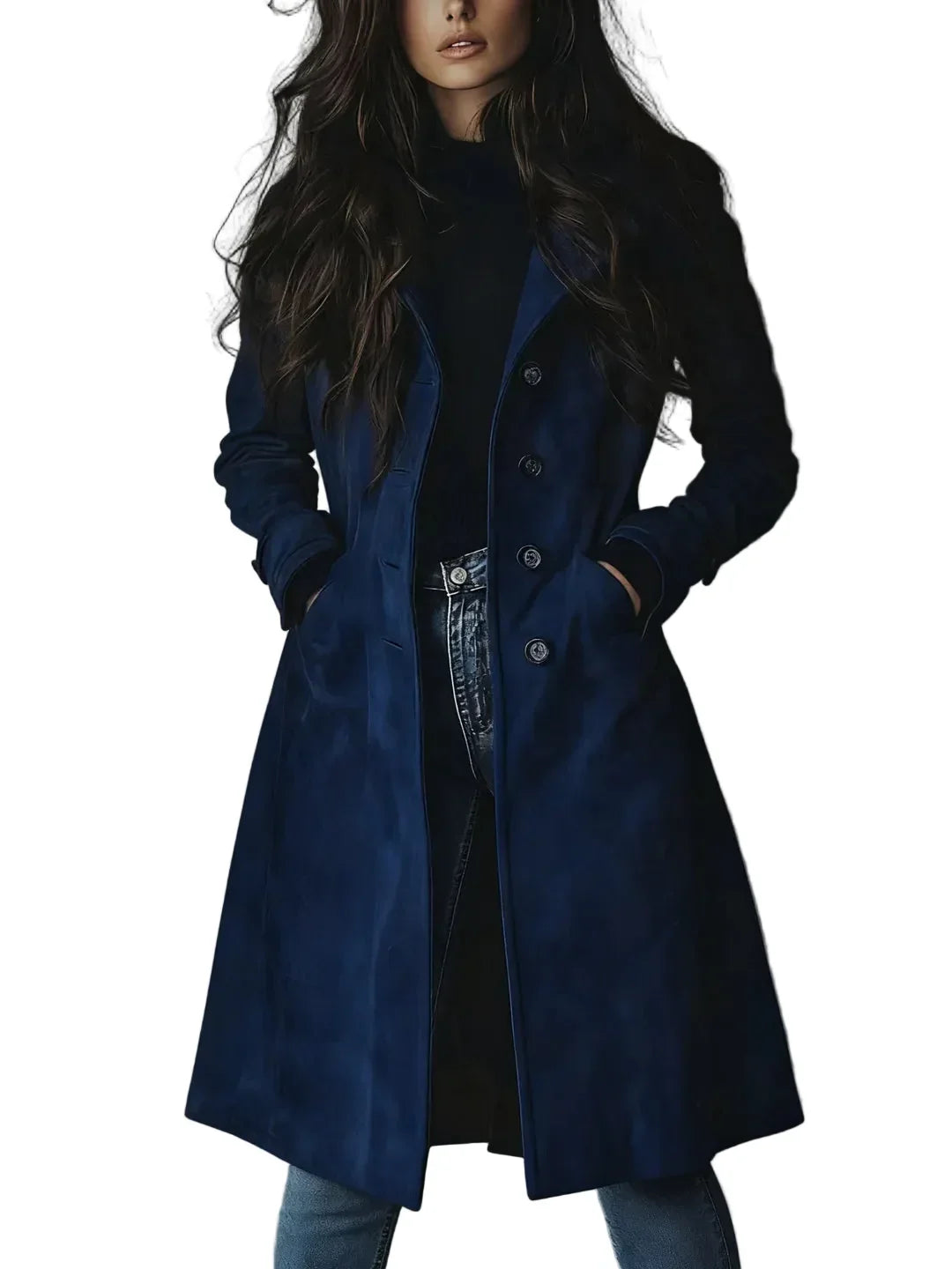 Women's Suede Longline Coat Button-Front Double-Breasted Lapel Winter