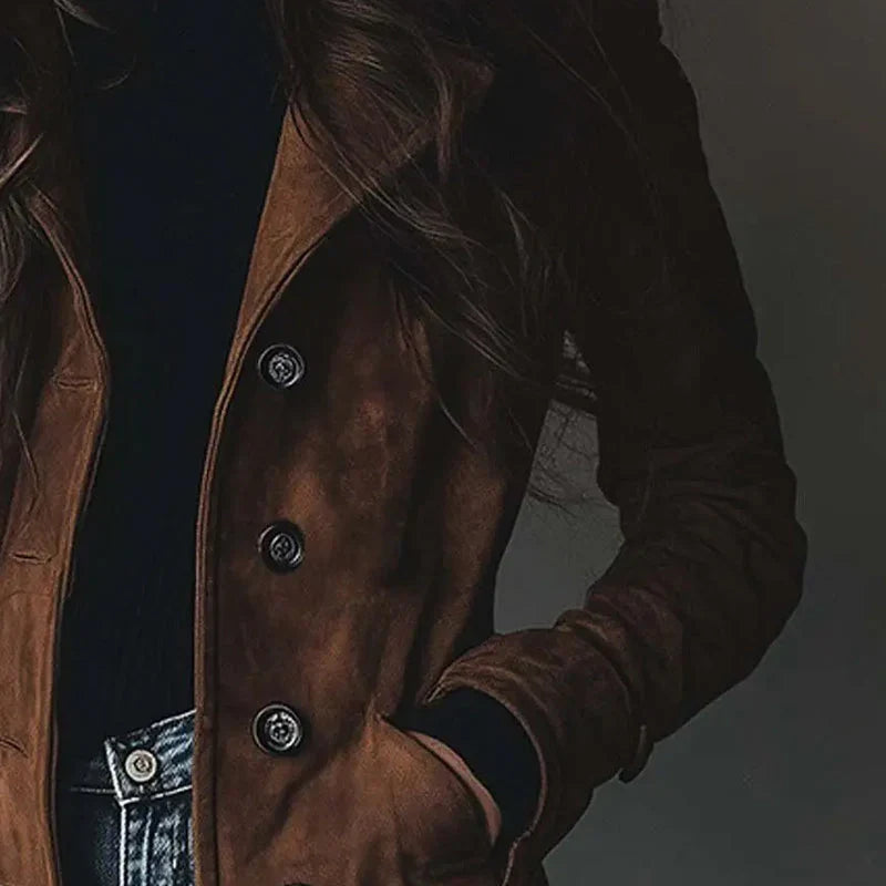 Women's Suede Longline Coat Button-Front Double-Breasted Lapel Winter