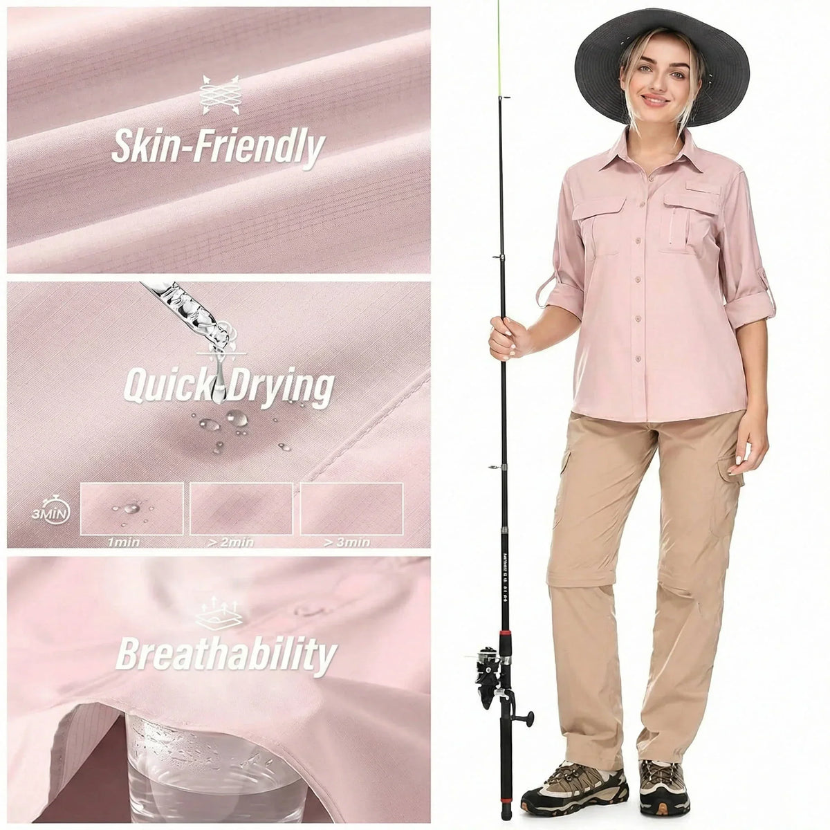Women's UPF 50 Hiking Shirt Long Roll-Up Sleeve Zip Pocket Safari Shirt