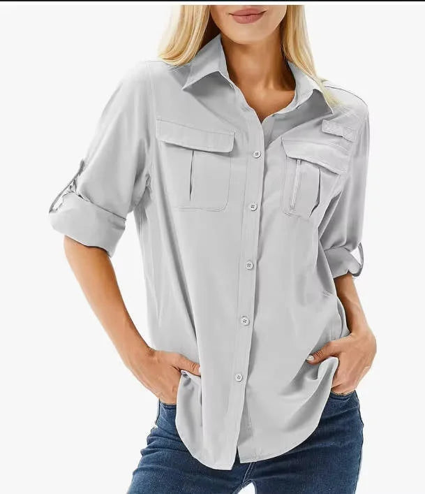 Women's UPF 50 Hiking Shirt Long Roll-Up Sleeve Zip Pocket Safari Shirt