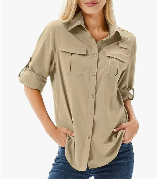 Women's UPF 50 Hiking Shirt Long Roll-Up Sleeve Zip Pocket Safari Shirt