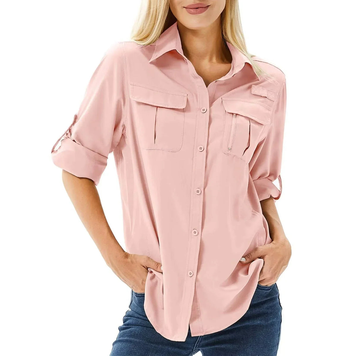 Women's UPF 50 Hiking Shirt Long Roll-Up Sleeve Zip Pocket Safari Shirt