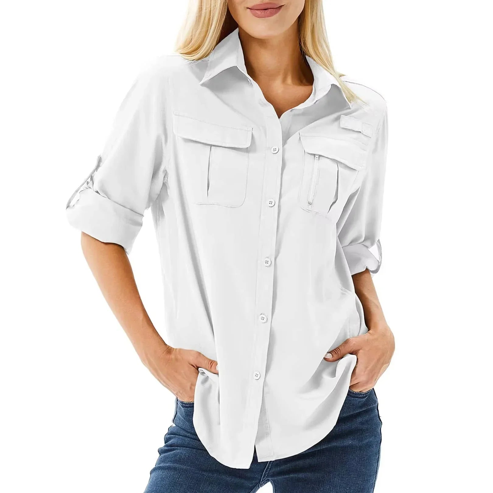 Women's UPF 50 Hiking Shirt Long Roll-Up Sleeve Zip Pocket Safari Shirt