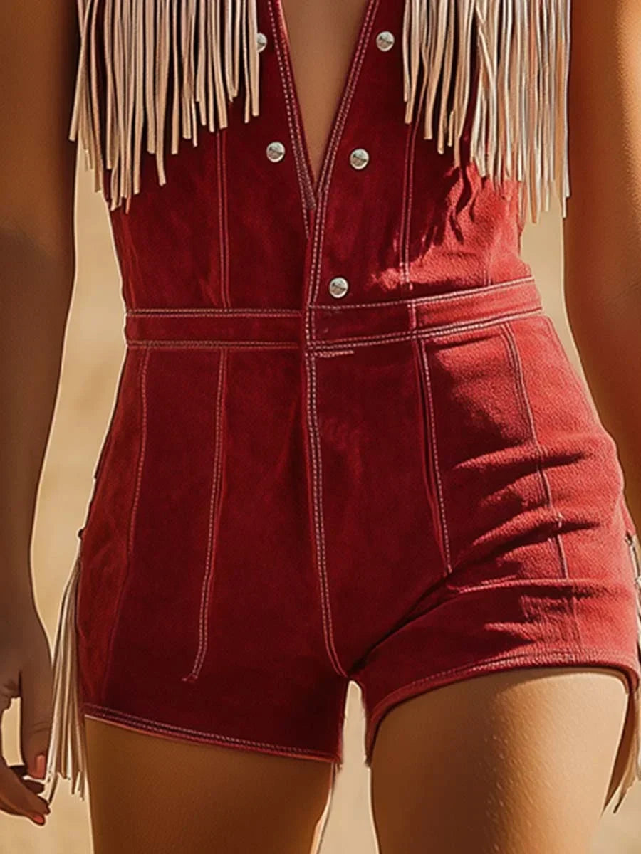 Women's Western Fringe Romper V-Neck Snap-Front Sleeveless Short Jumpsuit