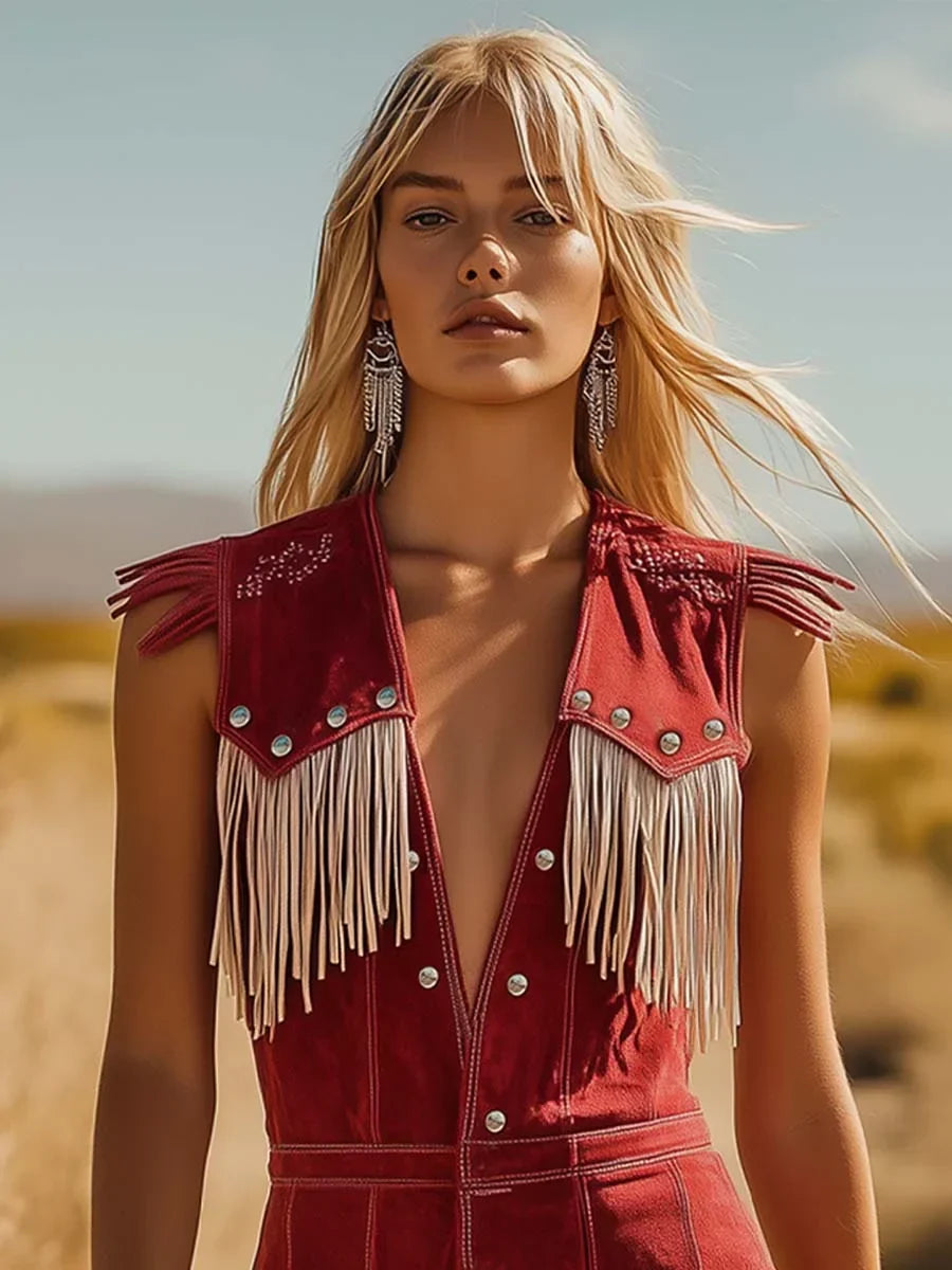 Women's Western Fringe Romper V-Neck Snap-Front Sleeveless Short Jumpsuit