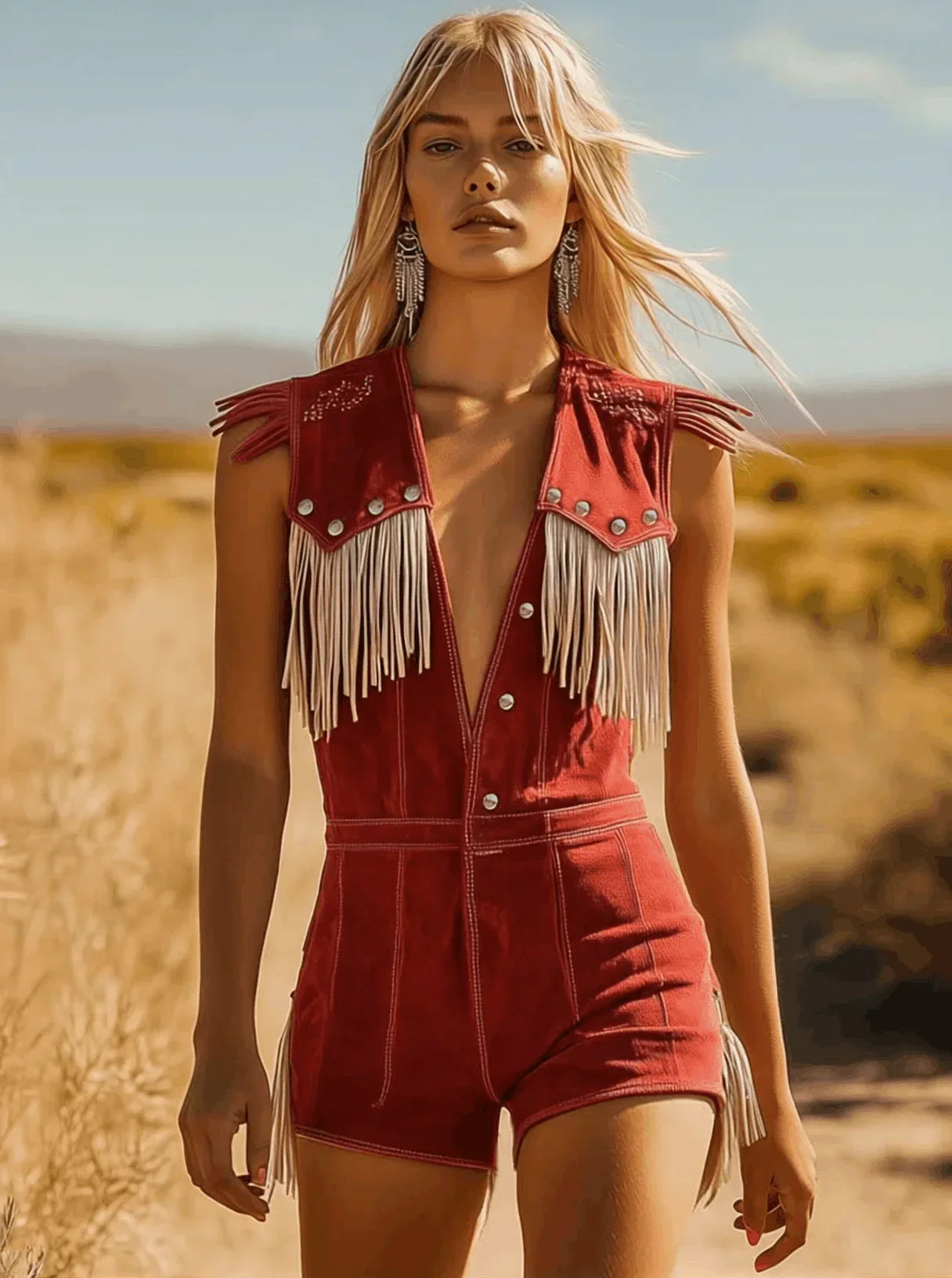 Women's Western Fringe Romper V-Neck Snap-Front Sleeveless Short Jumpsuit